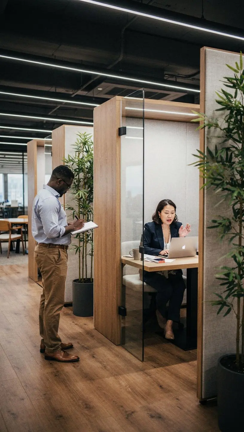 Уголок для отдыха с мягкой мебелью и зелеными растениями для повышения продуктивности.