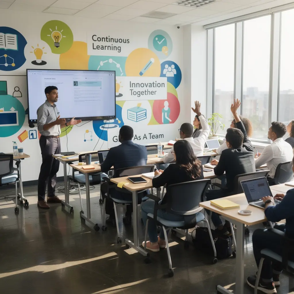 Офисные столы, расположенные в ряд, с индивидуальными экранами для уединенной работы.