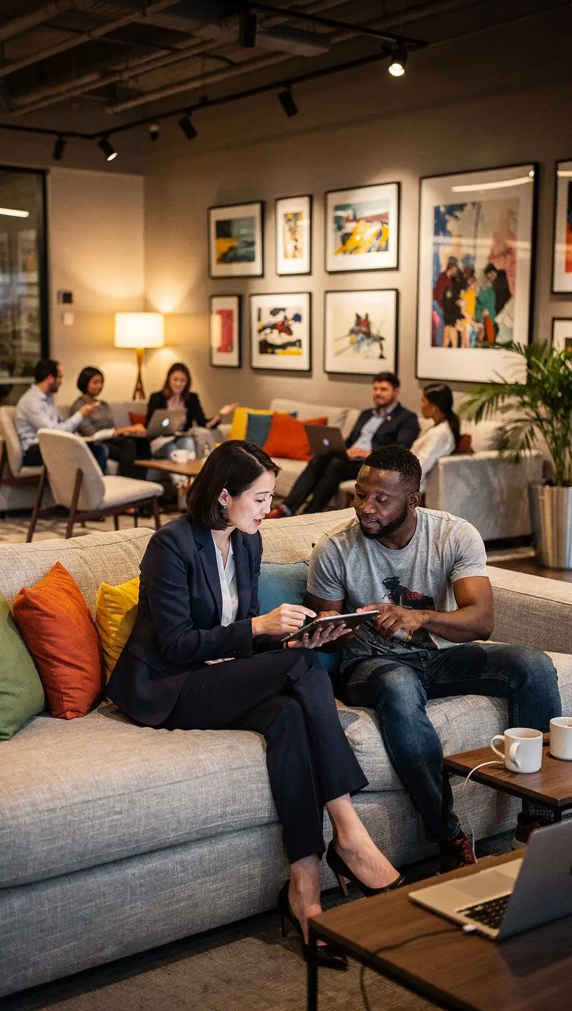 Креативная зона для brainstorming с яркими стенами и интерактивными досками.