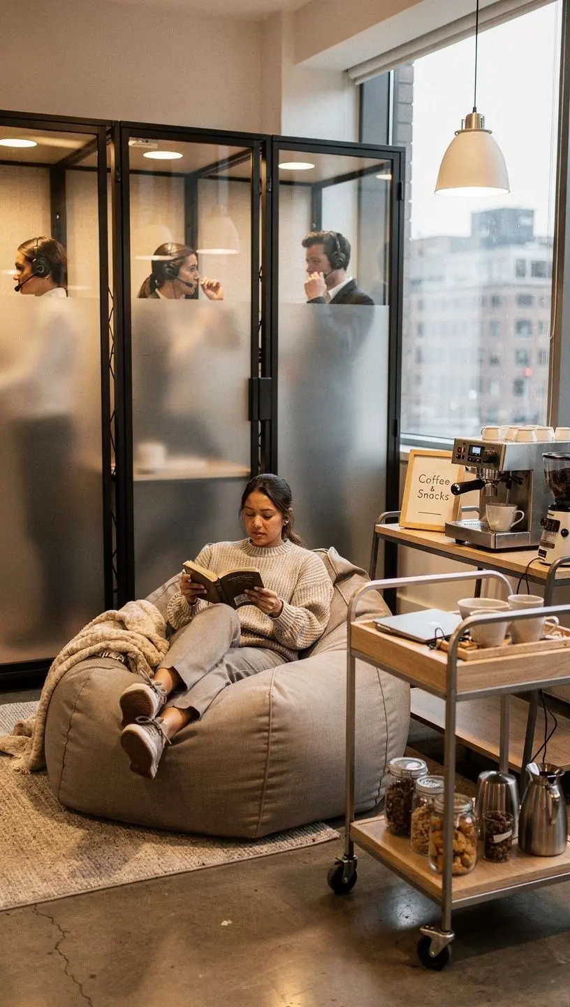 Современные офисные столы и стулья, организованные для эффективного взаимодействия команды.