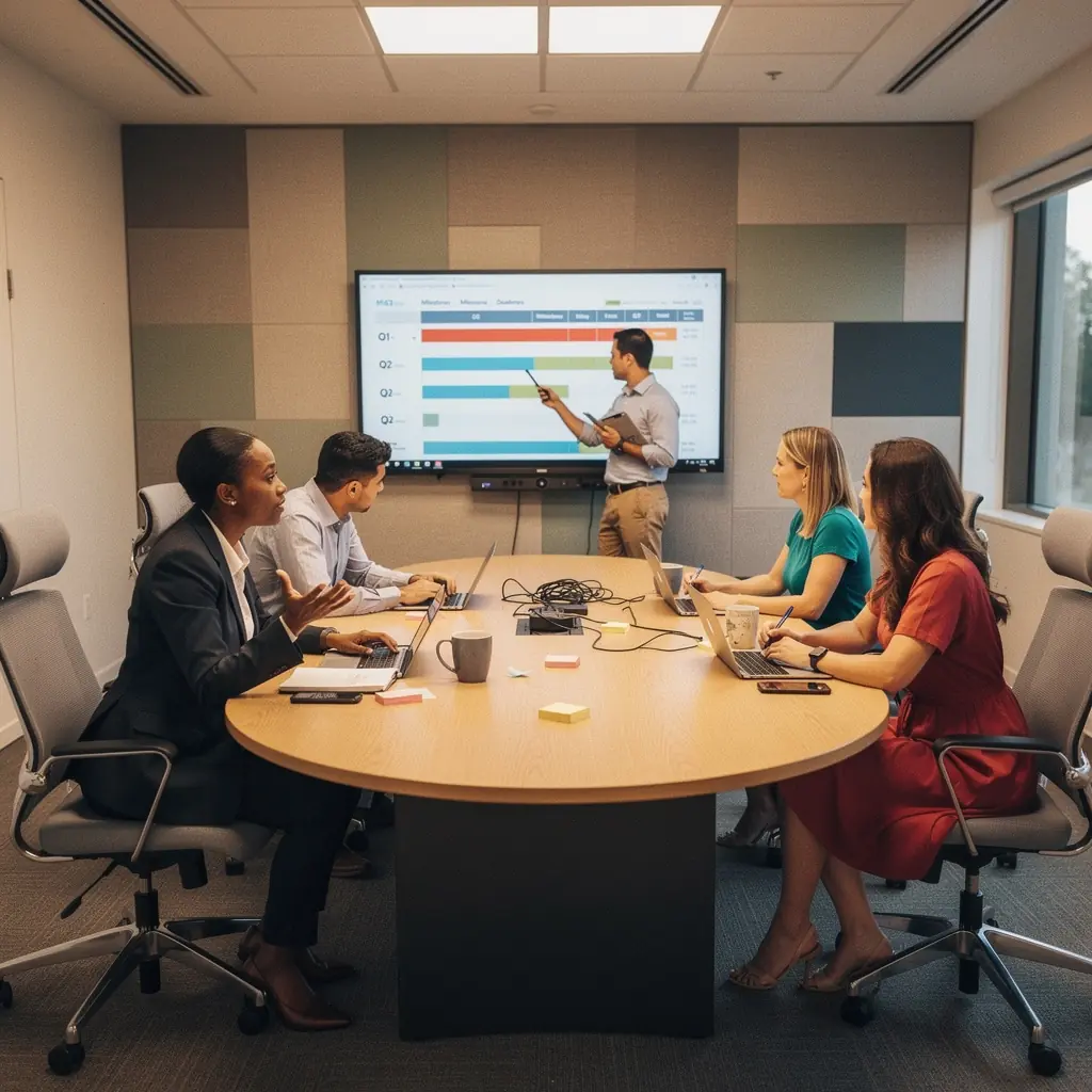 Дизайн офиса с зелеными растениями, улучшающими атмосферу и повышающими продуктивность сотрудников.