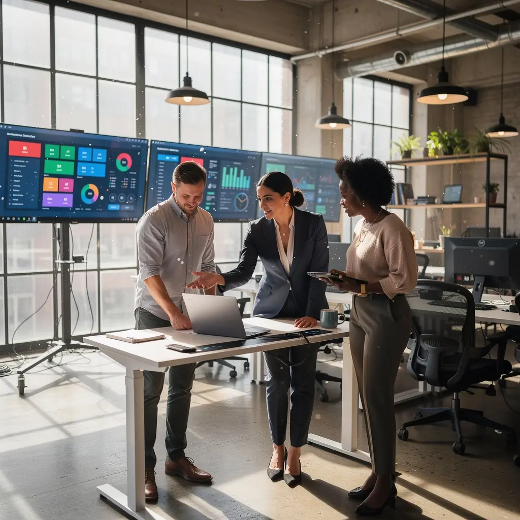 Современный офис с открытой планировкой и зонами для совместной работы.